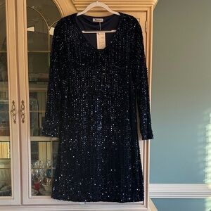 Midnight Blue Sequin Velvet Long Sleeve Dress